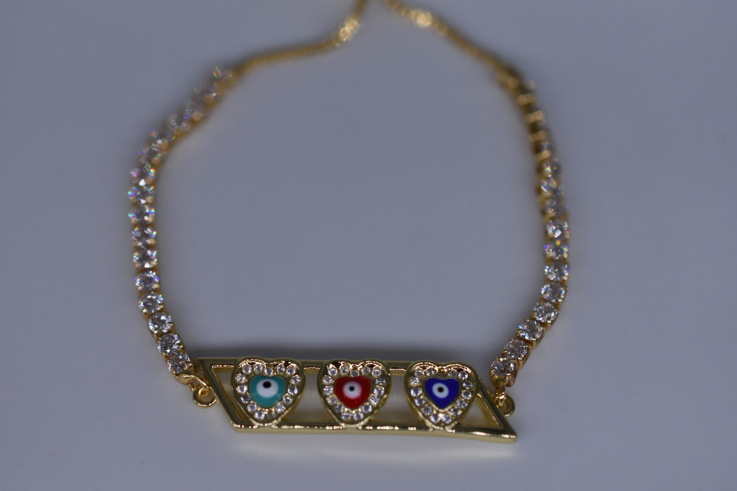 3 Heart Evil Eye Bracelet With Diamonds Gold