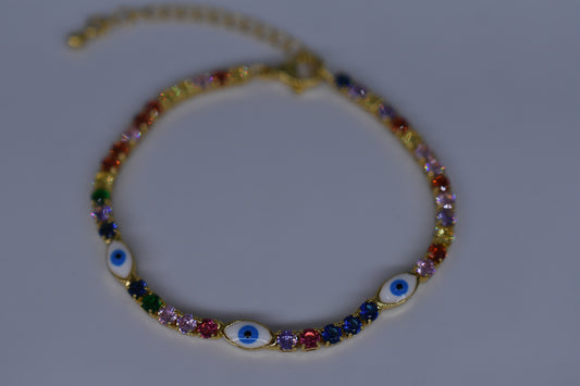 White/Blue Evil Eye With Multi Colored Diamond Bracelet