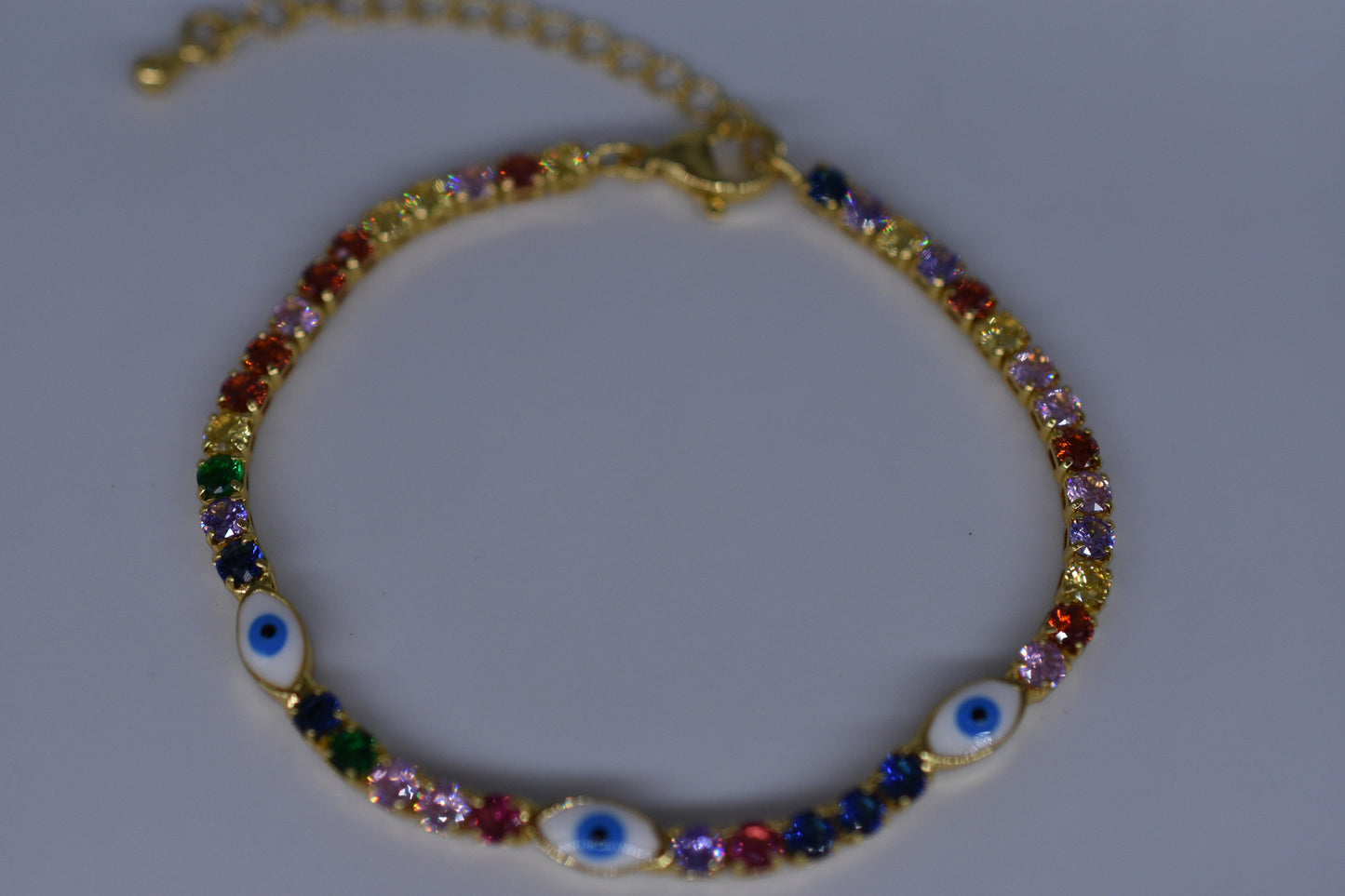 White/Blue Evil Eye With Multi Colored Diamond Bracelet