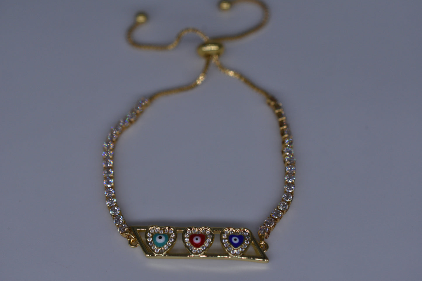 3 Heart Evil Eye Bracelet With Diamonds Gold